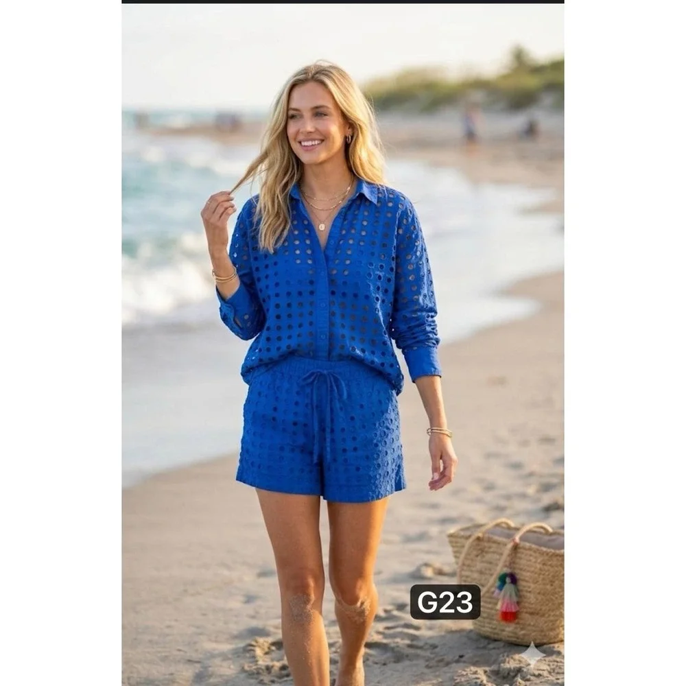 LOFT Beach Cobalt Blue Eyelet Set Button Down Shirt &‎ Shorts Top XS Shorts S